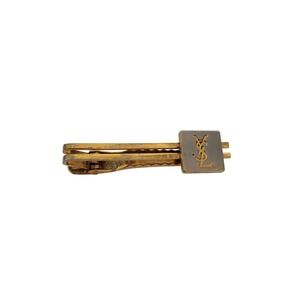 Yves Saint Laurent YSL Vintage Gold Silver Tone Logo Tie Clip Men Accessory